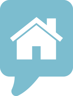 Image of a logo of a house inside a blue square speech bubble