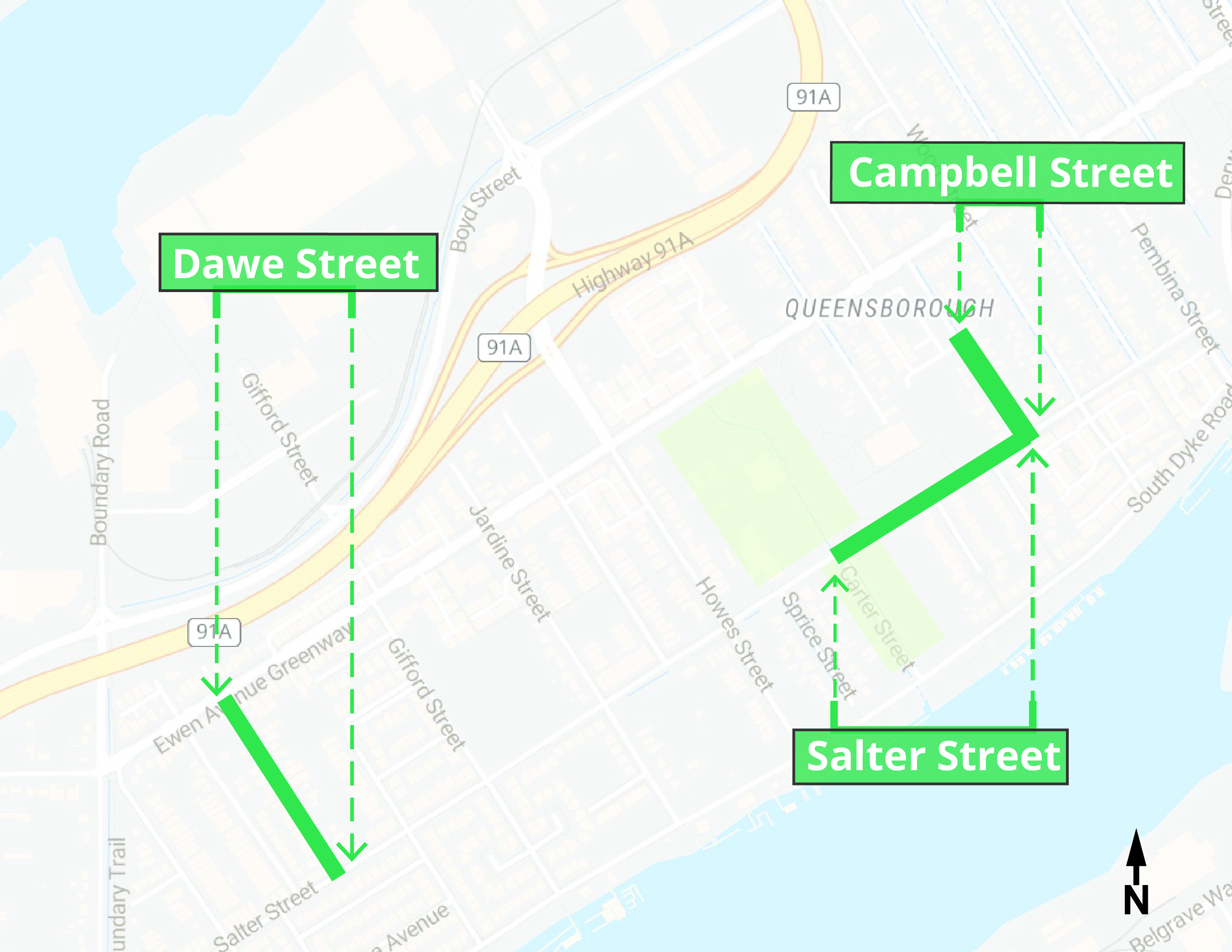 Map: quick-build upgrades in Queensborough along Campbell Street, Salter Street, and Dawe Street key routes identified in the Queensborough Transportation Plan (2024).