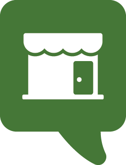 A graphic white shop inside a green speech bubble