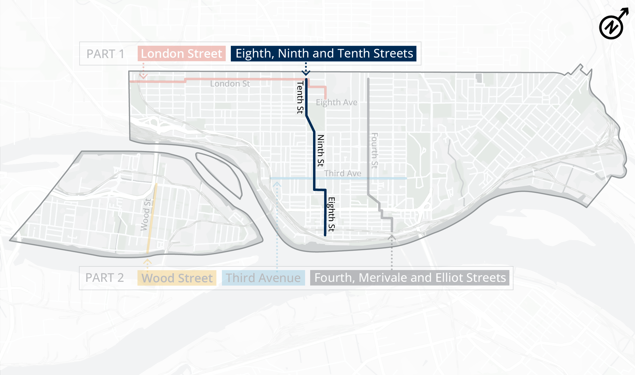 Map: the Eighth, Ninth, and Tenth Streets Route highlighted on the Active Transportation Network Plan Year 2 Routes map. Planning, design, and engagement for the Part 2 Routes will open in Fall 2025.