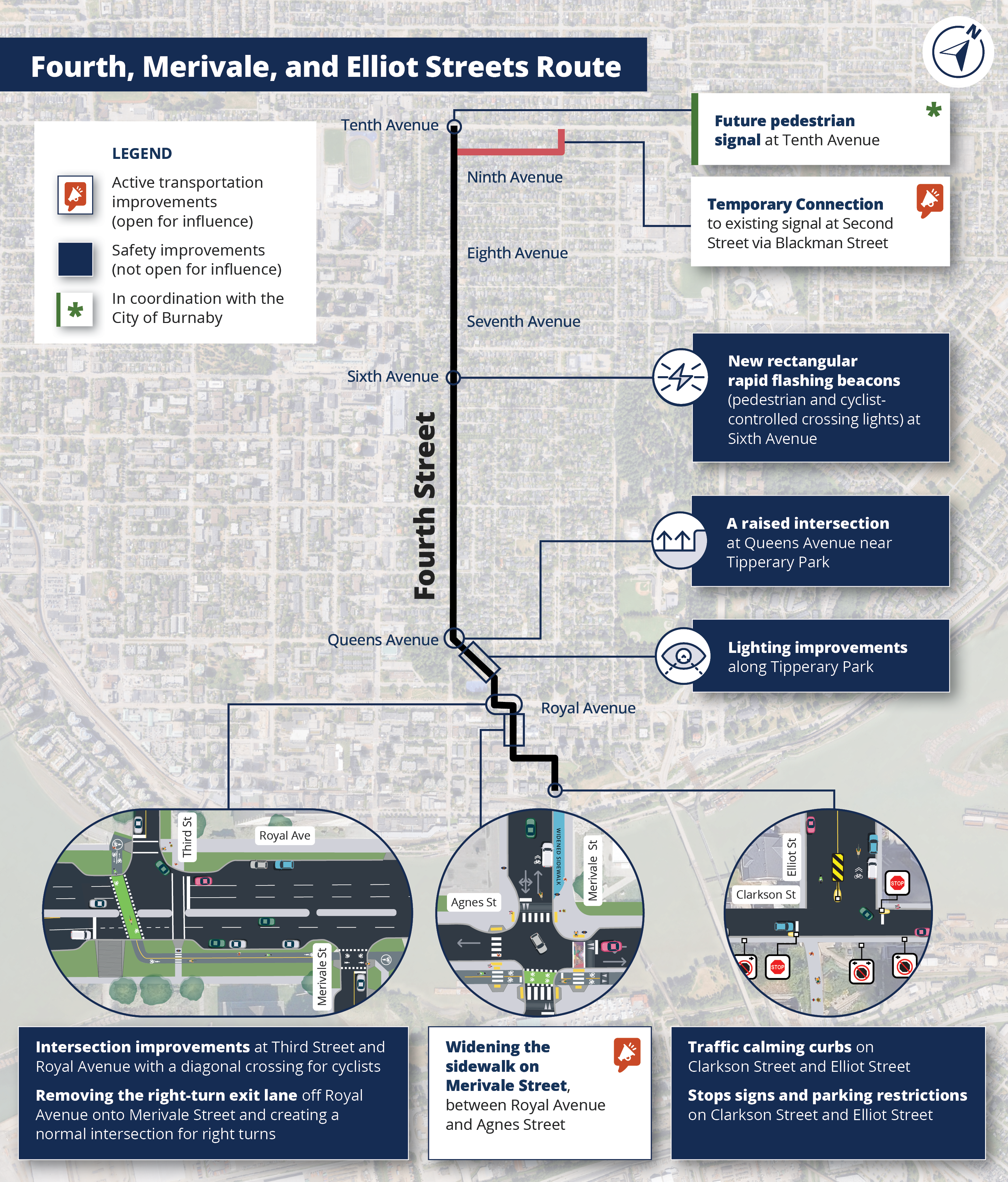 Map: Proposed active transportation improvements along the Fourth, Merivale, and Elliot Streets Route