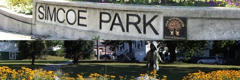 Signs of Simcoe Park and Toronto Place Park