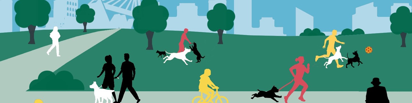 Graphic of silhouettes of people walking and biking with dogs