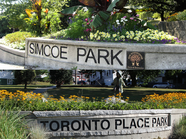 Signs of Simcoe Park and Toronto Place Park